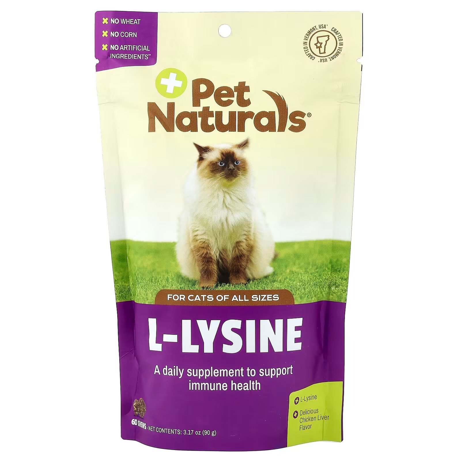 fígado de galinha, l lisina, para gatos, todos os tamanhos, 60 cápsulas mastigáveis, 90 g (3,17 oz) pet naturals
